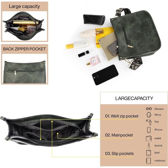 Stylish C-Green Crossbody Purse: Designer Vegan Leather Handbag with Pockets - Picture 6 of 6